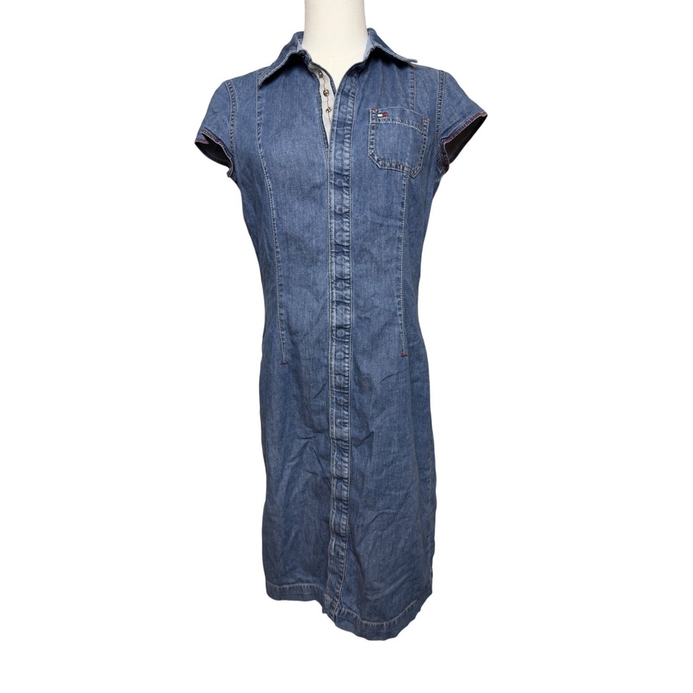 Tommy Hilfiger Jeans Denim Shirt Dress Blue Snap Front Short Sleeve Womens 4